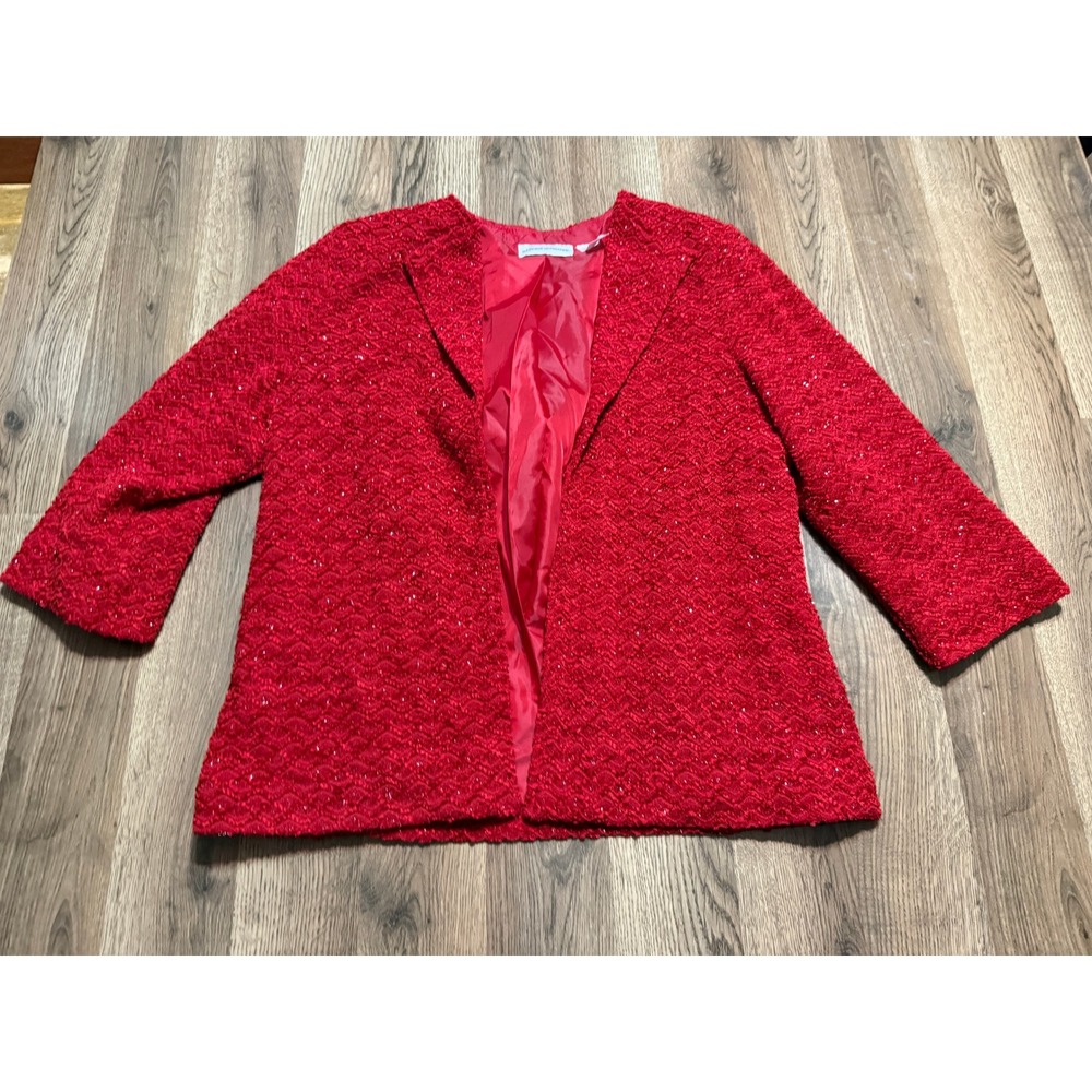Alfred Dunner Blazer Women Size 14 Red Jacket Textured Sequin Open Front Evening